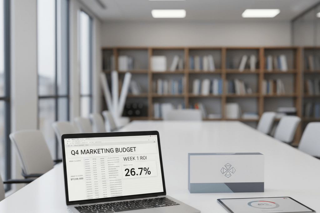 Medium shot of a modern office table displaying budget ROI data, abstract rebranded packaging, and a tablet showing 49 percent positive critical reception metric