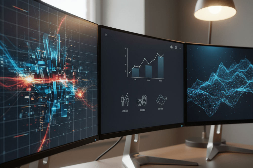 Medium shot of multiple monitors displaying abstract data visualizations for metaverse commerce including heatmaps, trend charts, and network maps under natural and desk lighting