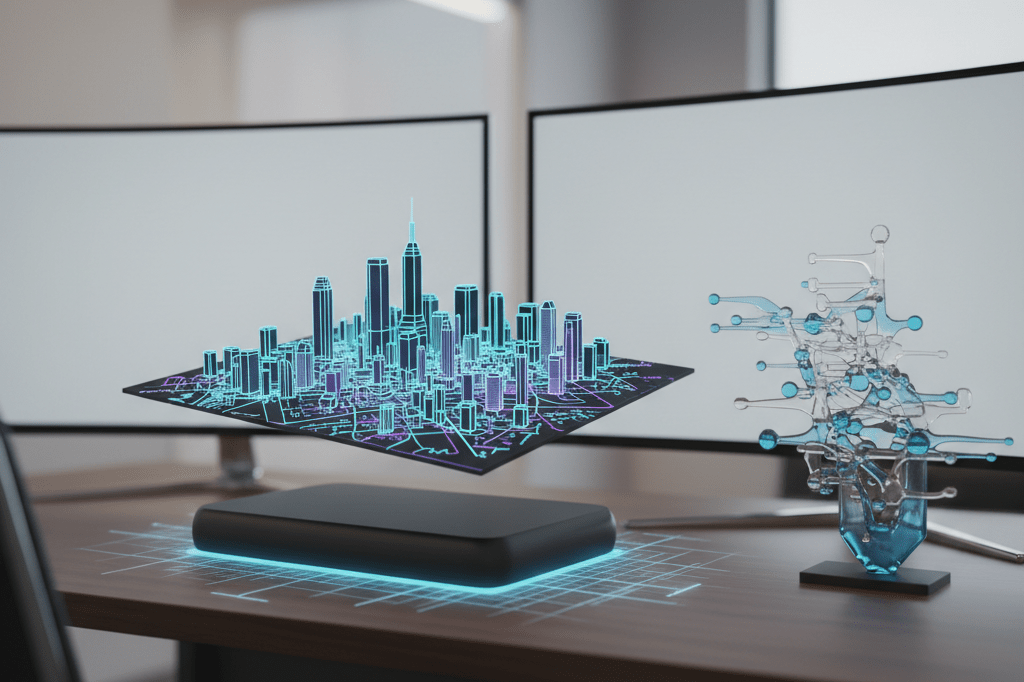 Medium shot of abstract holographic city map and data sculpture on modern desk under ambient office lighting