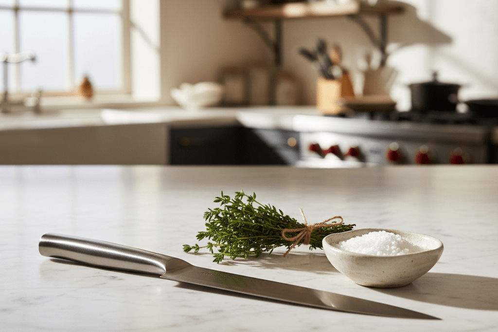 Stainless steel chef's knife, fresh thyme bundle, and fleur de sel on marble counter under natural and warm ambient light