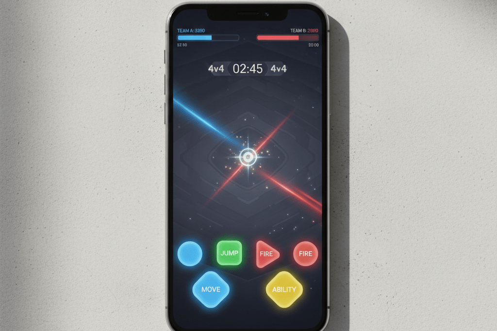 Medium shot of a smartphone showing a vibrant, touch-optimized game UI with large buttons and clean layout, lit by natural daylight