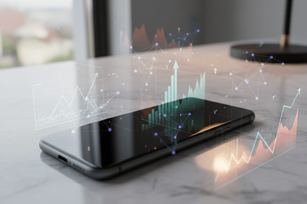 A modern smartphone on marble surface with soft ambient light and faint floating data graphics suggesting predictive mobile marketing analytics