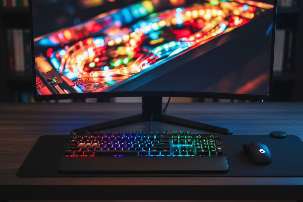 Modern gaming setup with ambient lighting and monitor reflection suggesting pinball DLC experience Medium shot of high-end keyboard, mouse, and monitor with soft ambient lighting and abstract pinball-style light reflection