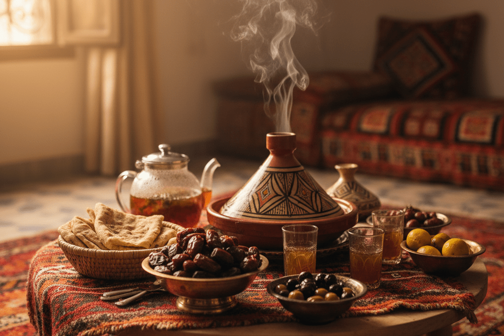Medium shot of a Moroccan Iftar spread featuring tagine, dates, mint tea, flatbread, olives, and preserved lemons on a woven rug