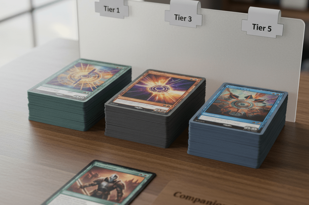 Medium shot of a gaming store shelf with color-coded card sleeves and neutral bracket labels reflecting regulatory-inspired MTG Commander categorization