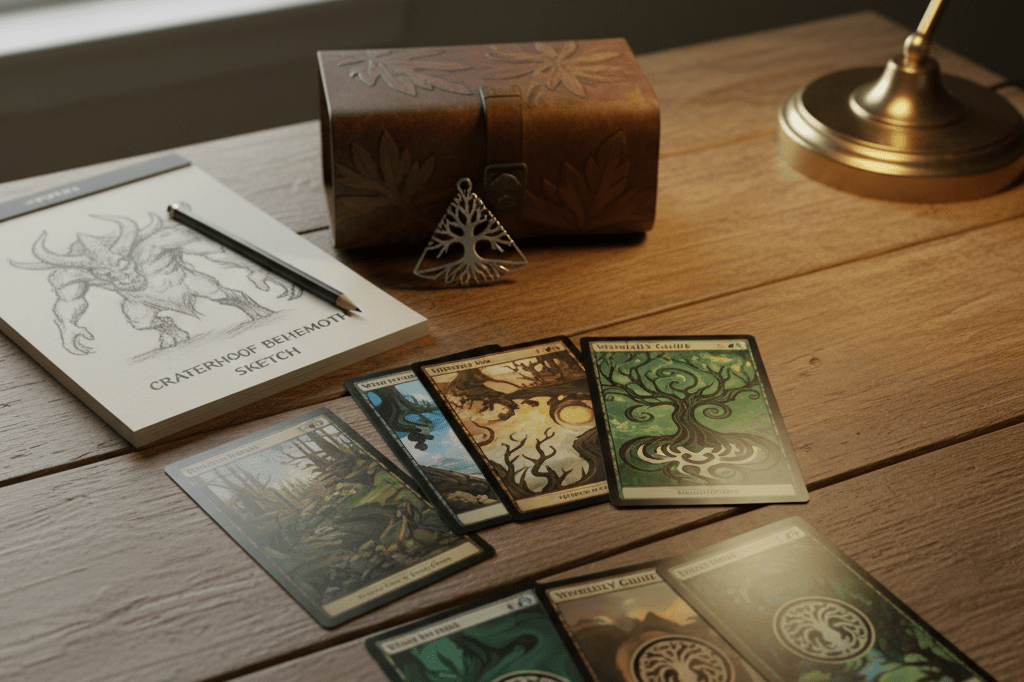 Photorealistic medium shot of Magic: The Gathering green Commander deck components including abstracted cards, a mana charm, and sketchpad on natural wood surface