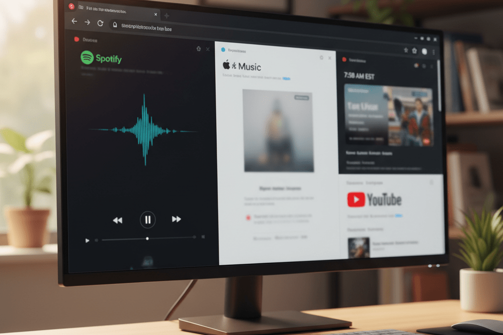 Medium shot of a desktop monitor displaying blurred Spotify, Apple Music, and YouTube windows indicating staggered video release timing