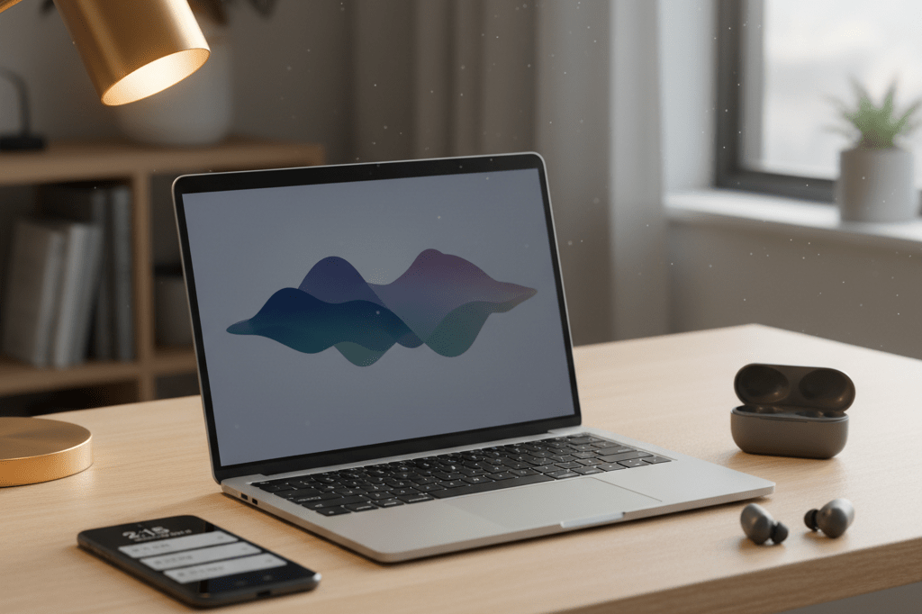 Medium shot of laptop, earbuds, and smartphone on wooden desk showing timed notifications under natural and lamp lighting