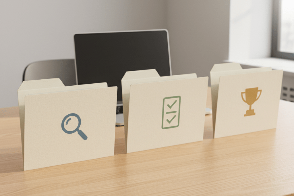 Three abstract-icon folders arranged on a light oak table in a sunlit conference room, symbolizing structured talent evaluation stages