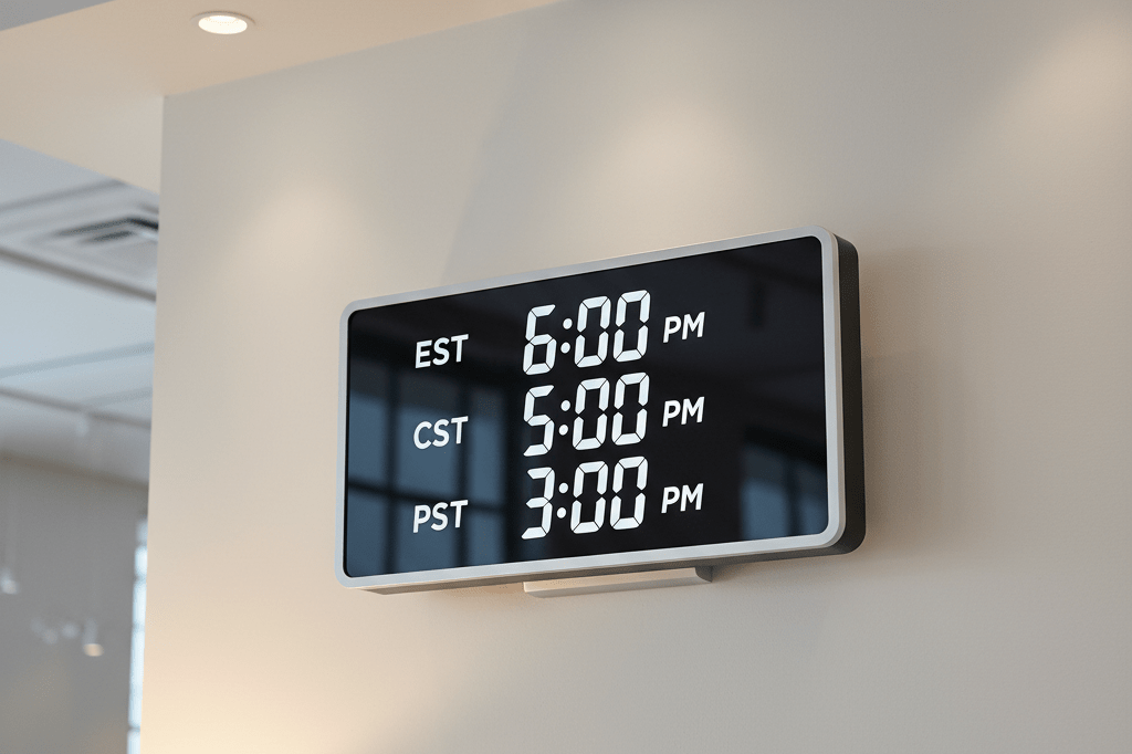 Medium shot of a clean digital clock showing 6 PM Eastern, 5 PM Central, and 3 PM Pacific times on a neutral studio wall