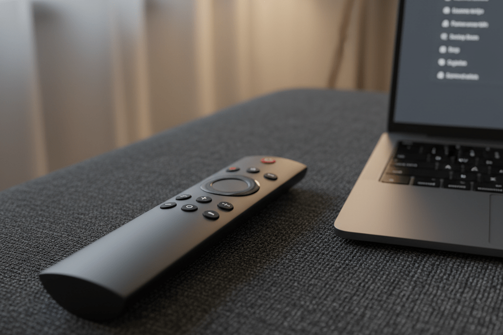 Multilingual Streaming Interface Concept for Global Product Launch Medium shot of a streaming remote next to a laptop showing blurred multilingual subtitles, natural lighting, photorealistic DSLR style