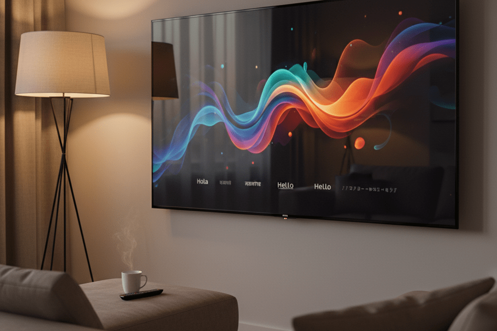 Ambient living room scene with TV reflecting multilingual streaming interface elements Medium shot of a living room with TV screen showing abstract streaming visuals and faint multilingual subtitle fragments reflected softly