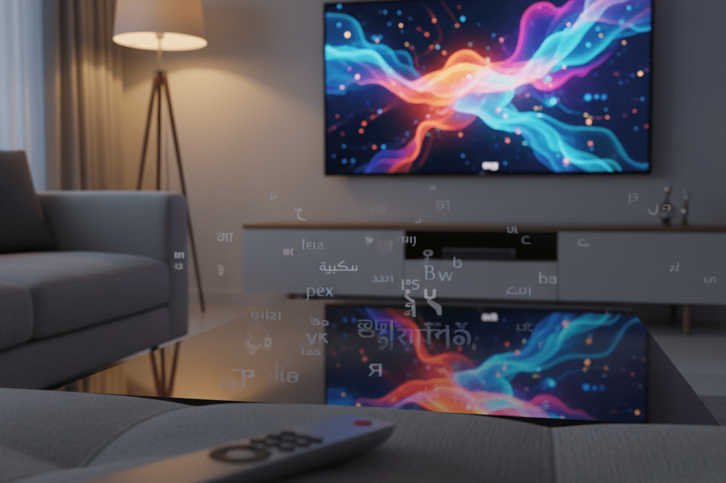 Ambient-lit living room with TV interface reflection showing abstract multilingual streaming cues Medium shot of a living room at dusk with TV glow reflecting fragmented multilingual glyphs on glass coffee table, no text or logos visible