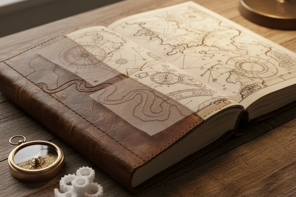Narrative-Driven Product Development in Action Medium shot of an open leather journal with hand-drawn maps and vellum overlays beside a brass compass and abstract prototype part on wood
