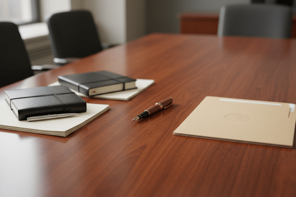 Medium shot of a conference table with opposing legal documents and a centered fountain pen, lit by natural and ambient office light, no people visible