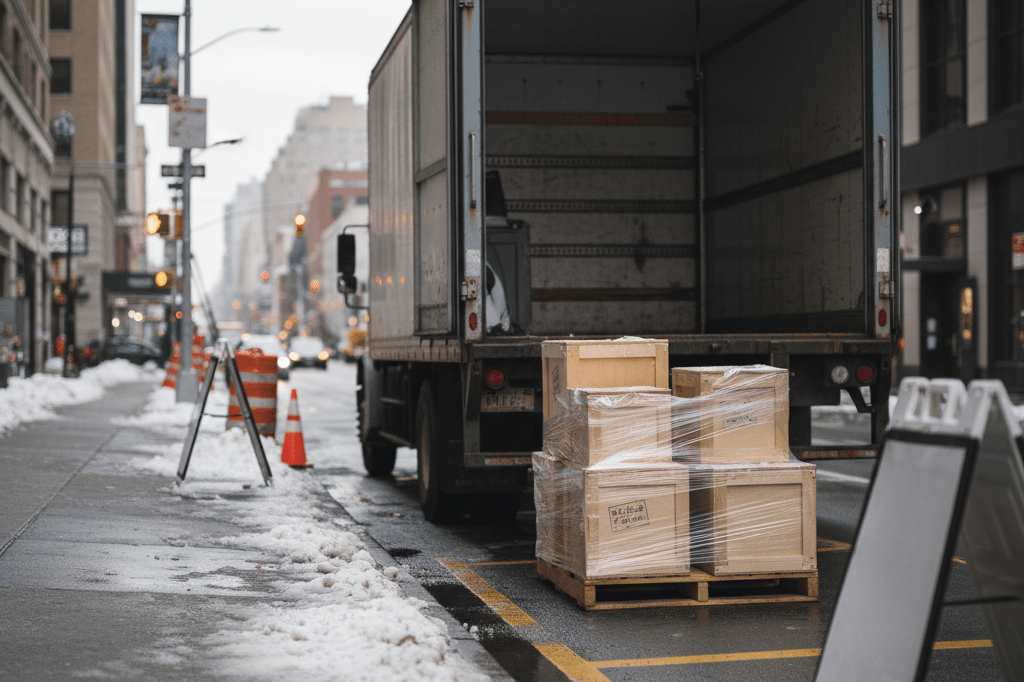 Medium shot of a delivery truck at a snow-adjacent NYC loading zone with pallets and traffic cones, no people or branding visible