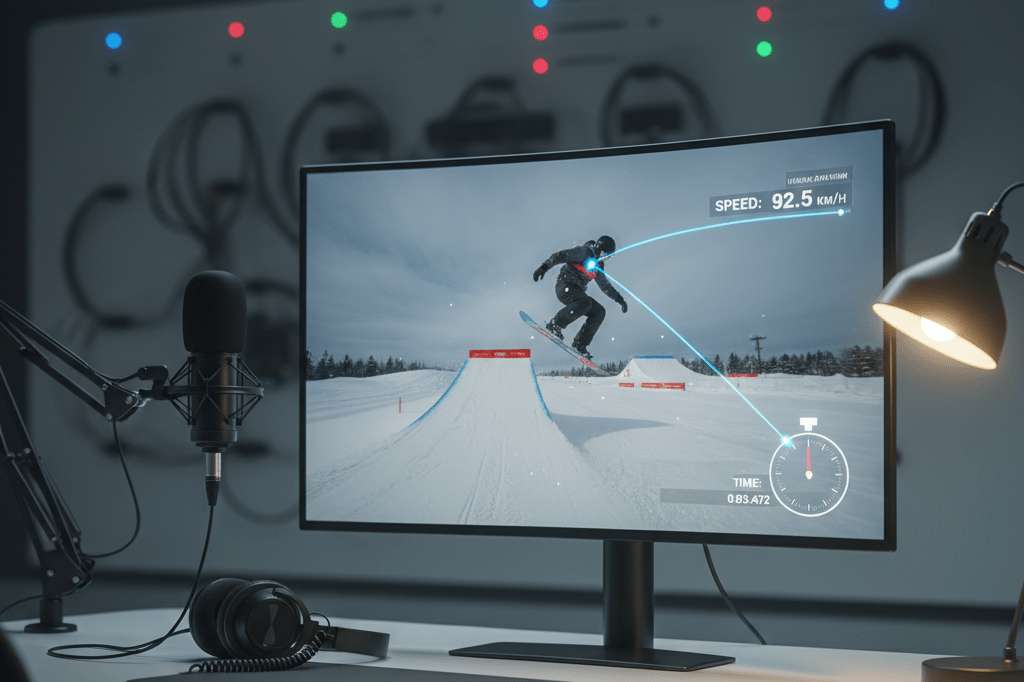 Medium shot of a studio desk with monitor showing snowboard cross analytics, microphone, and ambient lighting, no people visible