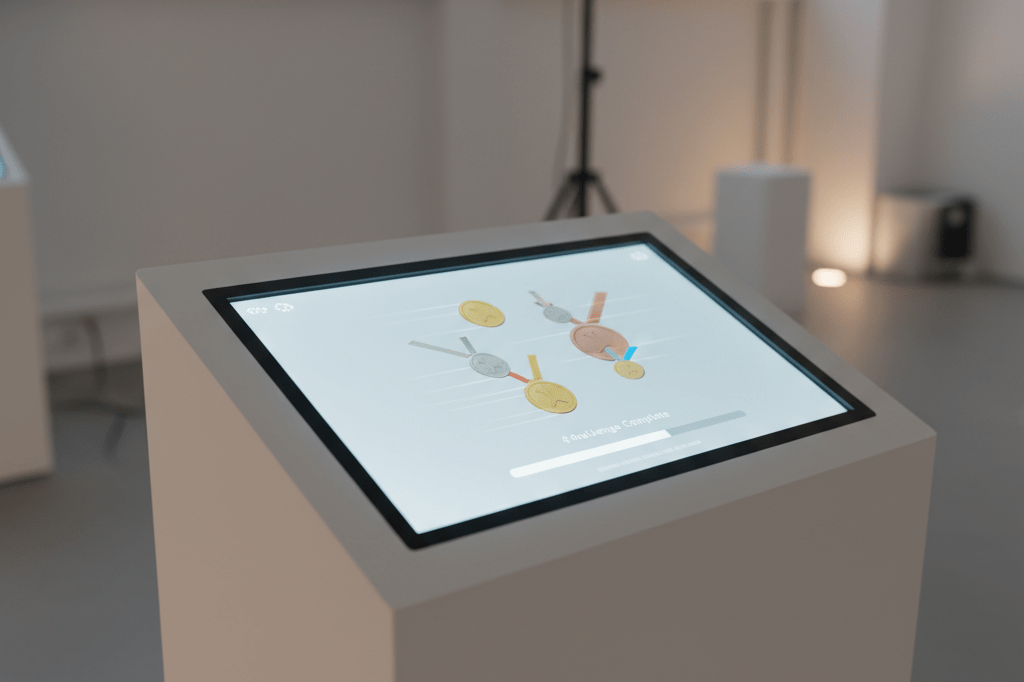 Medium shot of a sleek touchscreen displaying abstract Olympic-inspired interactive elements with ambient studio lighting