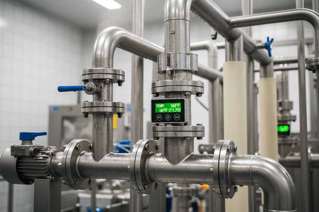 Medium shot of stainless-steel pasteurization pipes and digital thermometer showing 161°F in a clean food processing facility