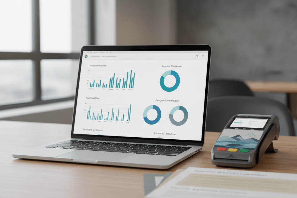Medium shot of laptop with payment metrics, generic card reader, and merchant documents on a sunlit desk