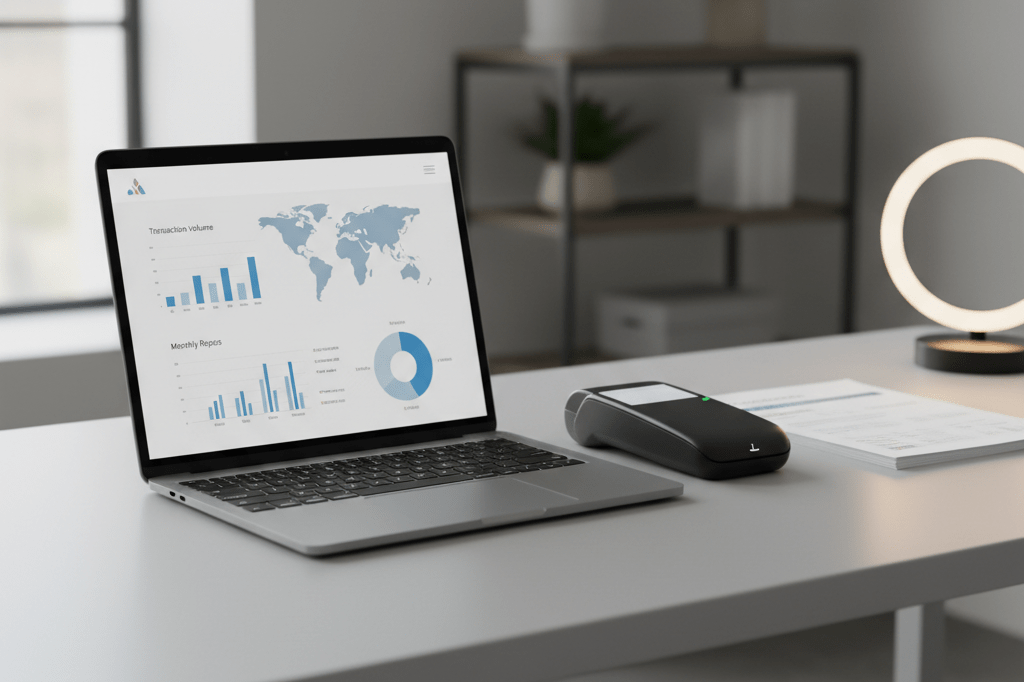 Medium shot of a laptop showing payment metrics next to a card reader on a desk with soft natural and lamp lighting