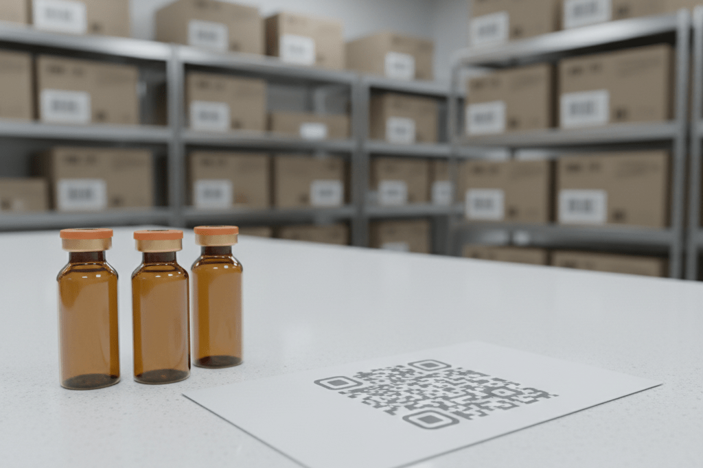 Medium shot of amber medication vials and a QR code label on a clean lab counter, symbolizing pharmaceutical supply chain traceability and recall readiness