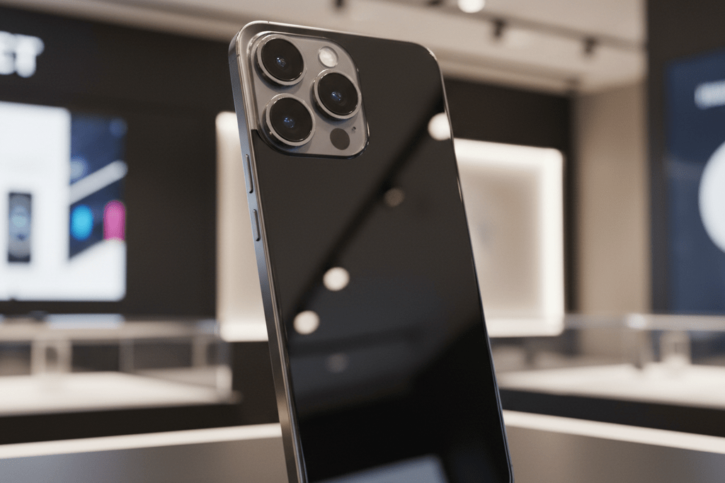 Medium shot of a sleek unbranded smartphone featuring a prominent multi-lens camera array on a minimalist black retail surface under natural store lighting