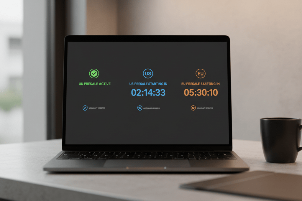 Medium shot of a laptop screen displaying a clean presale interface with regional timers and account-verified icons under natural and ambient office lighting