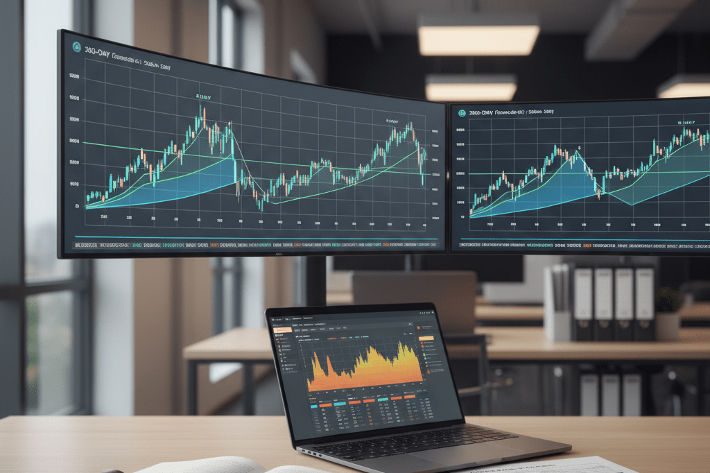 Medium shot of a procurement operations desk with digital dashboards, notebooks, and supplier data under natural and office lighting