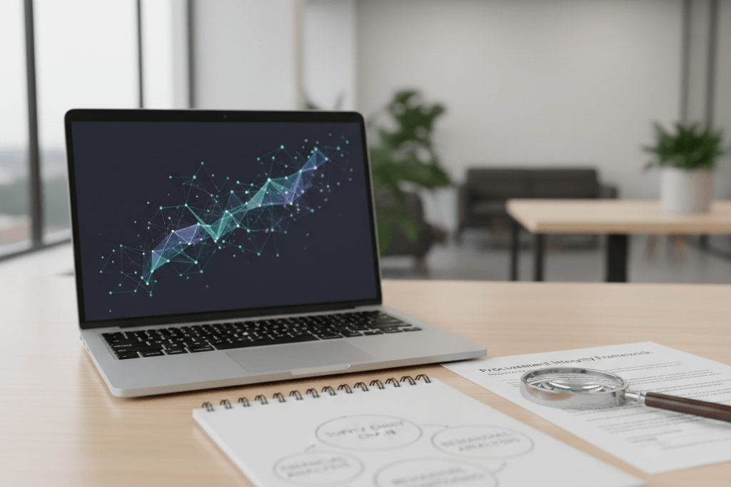 Photorealistic medium shot of laptop, notepad with interlocking diagrams, magnifying glass, and document on office desk under natural and ambient light