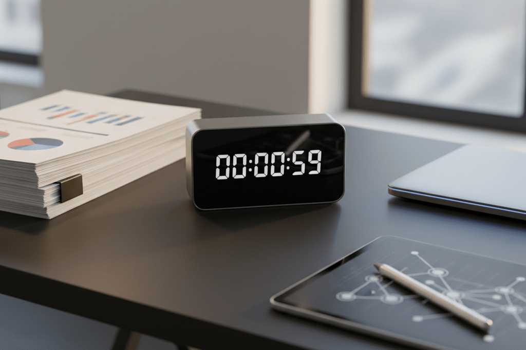 Medium shot of a sleek countdown timer on black surface with documents, laptop, and tablet showing readiness metrics