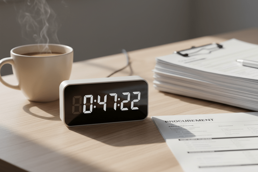 Medium shot of a wooden desk with a digital countdown timer, procurement papers, and coffee cup under natural office lighting