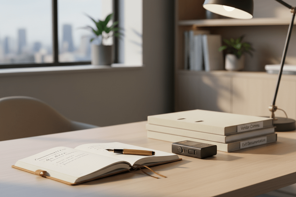 Medium shot of a minimalist office desk with notebook, fountain pen, voice recorder, and labeled files under natural and warm ambient light