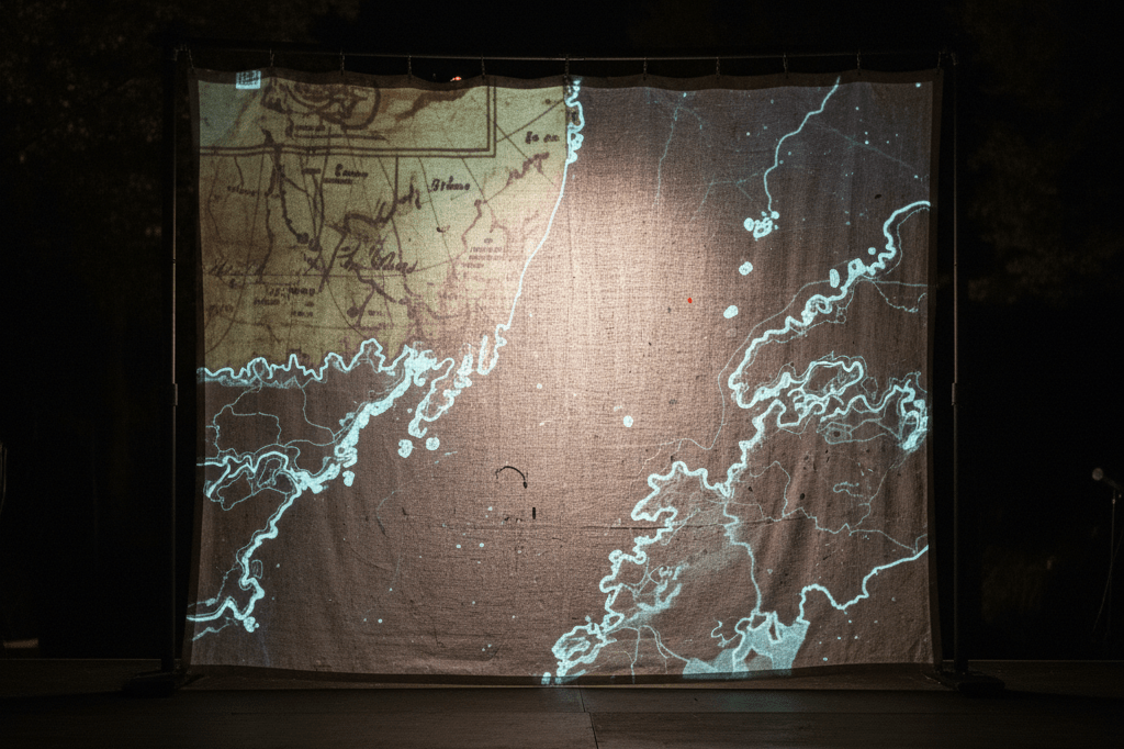 Medium shot of a textured projection surface lit by layered archival and satellite map visuals, no people or branding visible