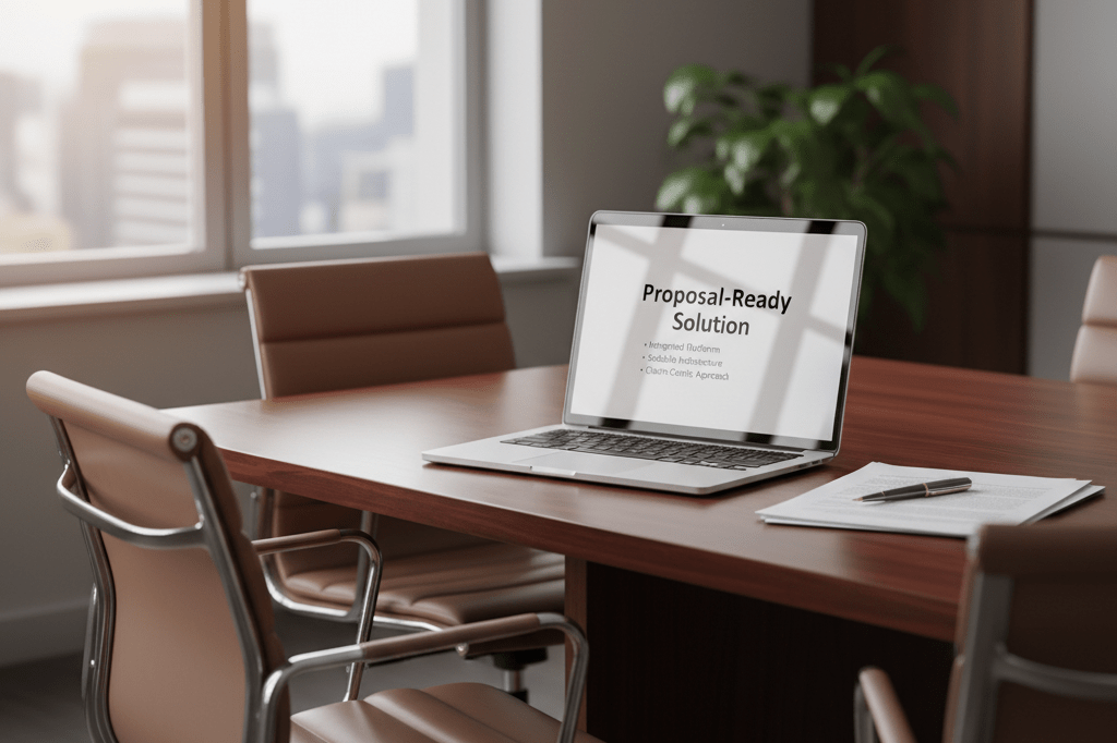 Medium shot of a sleek conference table with laptop, documents, and pen under natural light, representing strategic customer proposal readiness