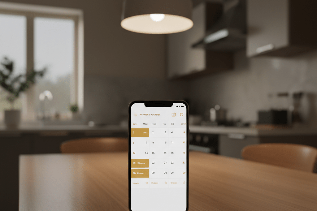 Medium shot of smartphone on wooden table showing a digital iftar timing app with city-specific slots and sync icons under warm ambient lighting