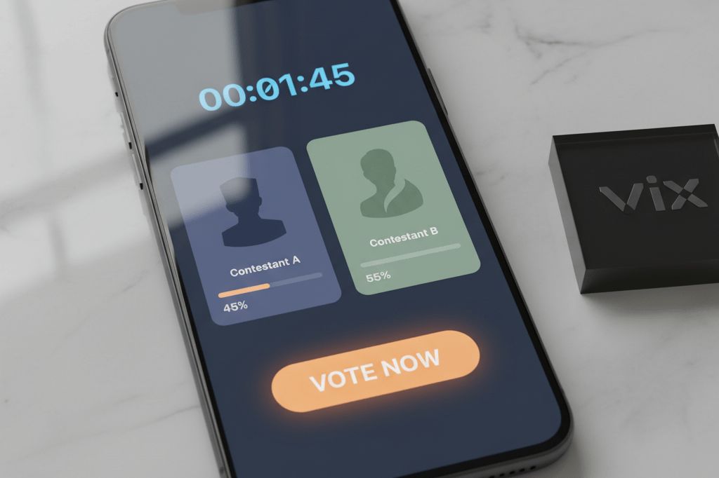 Smartphone displaying an animated reality show voting screen with countdown timer and abstract contestant profiles on marble surface