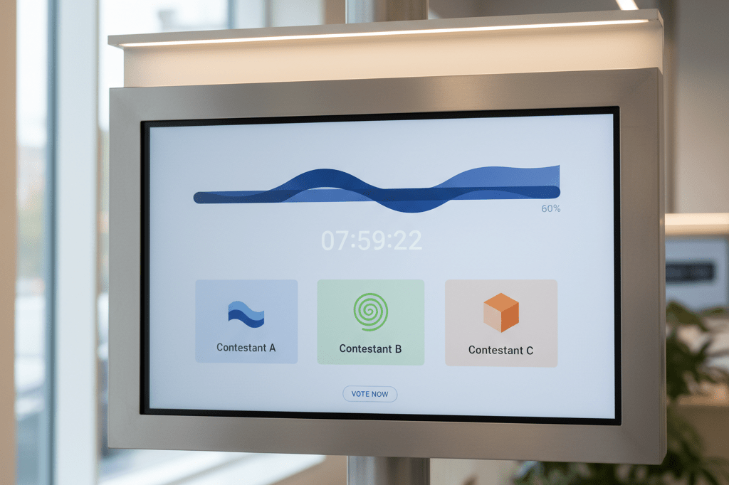 Medium shot of a branded touchscreen displaying anonymous product voting options with live countdown timer and progress bar in a well-lit modern store