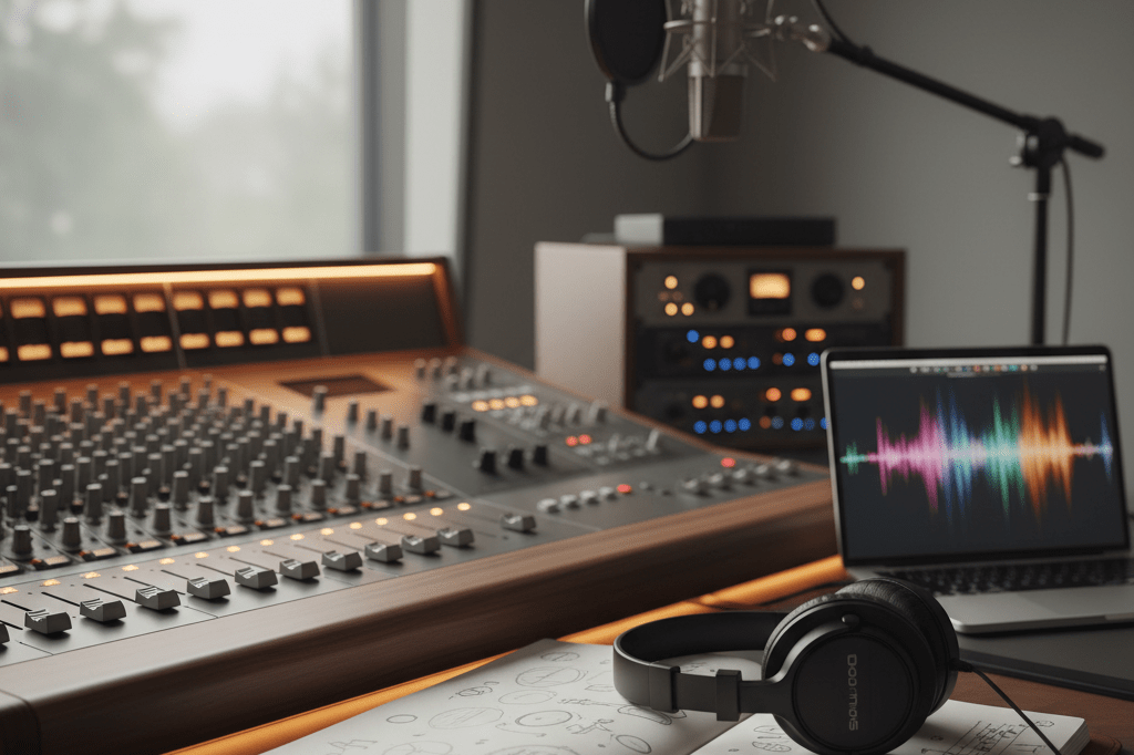 Medium shot of a professional recording studio space featuring headphones, a sketchbook with soundwave drawings, and analog gear under natural and warm ambient light