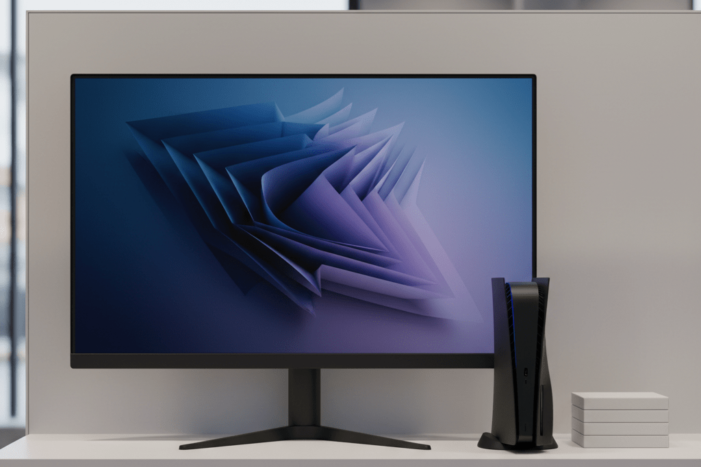 Modern Retail Display Featuring Real-Time Shadow Rendering Technology Demo Medium shot of sleek retail shelf with monitor showing abstract shadow gradients and generic gaming hardware, lit by natural and soft store lighting