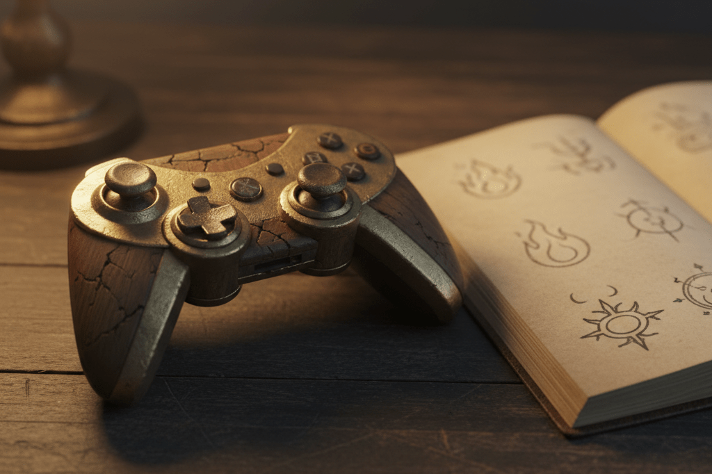 Medium shot of a retro-style controller and sketchbook with hand-drawn mystical symbols on a wooden desk under warm ambient light