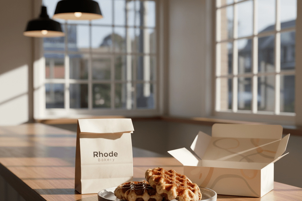 Blueberry buttermilk waffles with glossy glaze on wooden café counter beside minimalist branded bag and skincare box