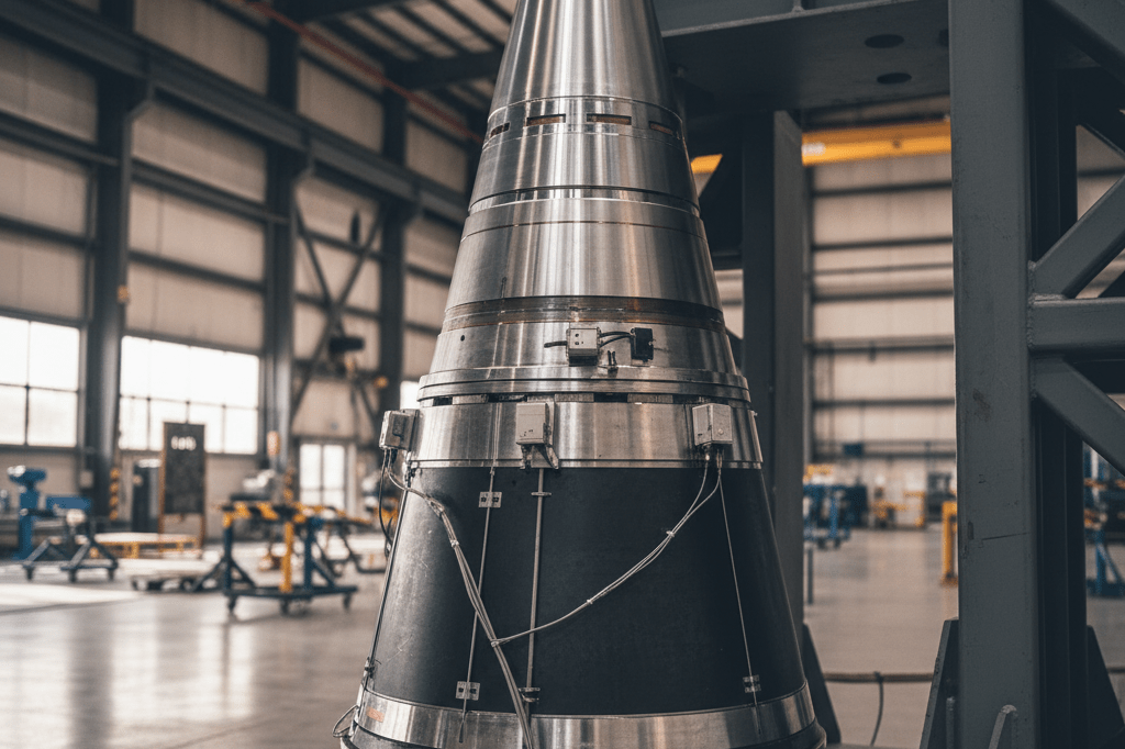 Medium shot of a metallic rocket booster nozzle mounted on a test stand in a well-lit aerospace engineering facility