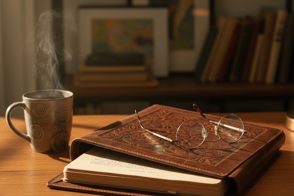 Medium shot of a leather script folder, ceramic mug, and reading glasses on a sunlit wooden desk, evoking quiet anticipation and perfect timing in talent acquisition