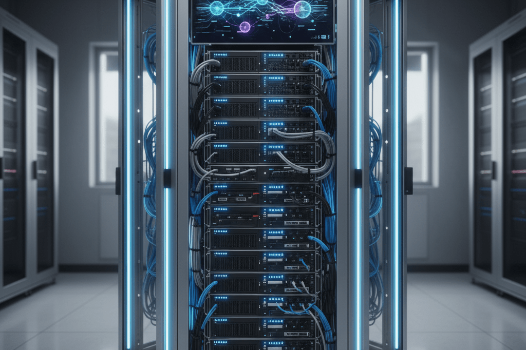 Medium shot of a secure, well-lit server rack in a data center with abstract digital security indicators displayed on a nearby screen