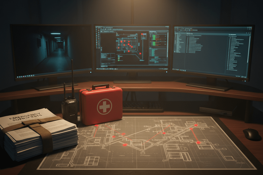 Dimly lit security desk with maps, radios, and emergency supplies symbolizing robust crisis management