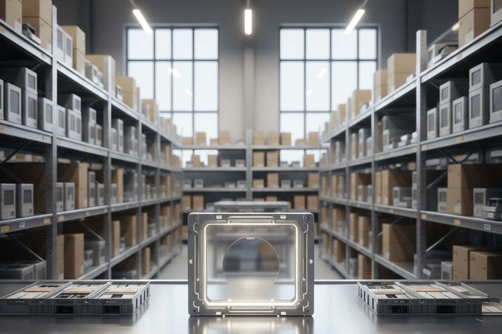Medium shot of a well-lit electronics warehouse aisle featuring neutral-component reels and a 300mm wafer carrier on a workbench