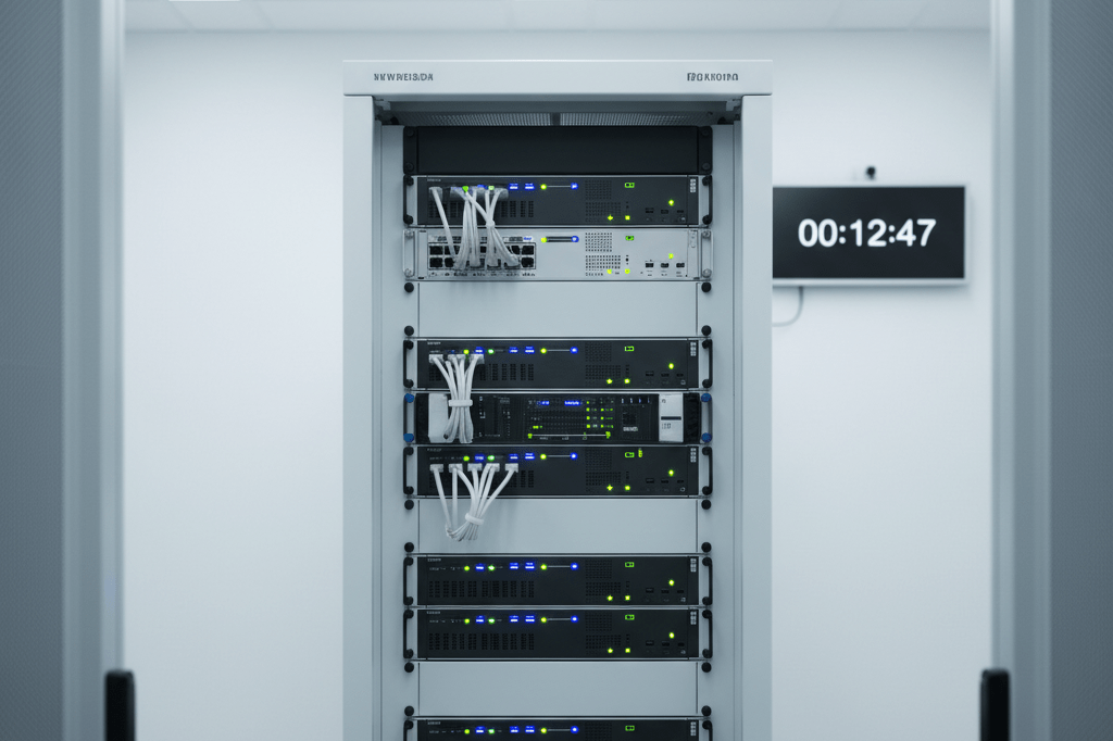 Medium shot of a branded-free server rack in a data center with a visible countdown timer on a wall display
