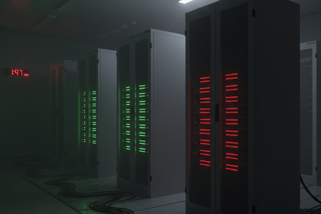 Medium shot of enterprise server racks showing operational and failing units under low ambient LED lighting in a data center