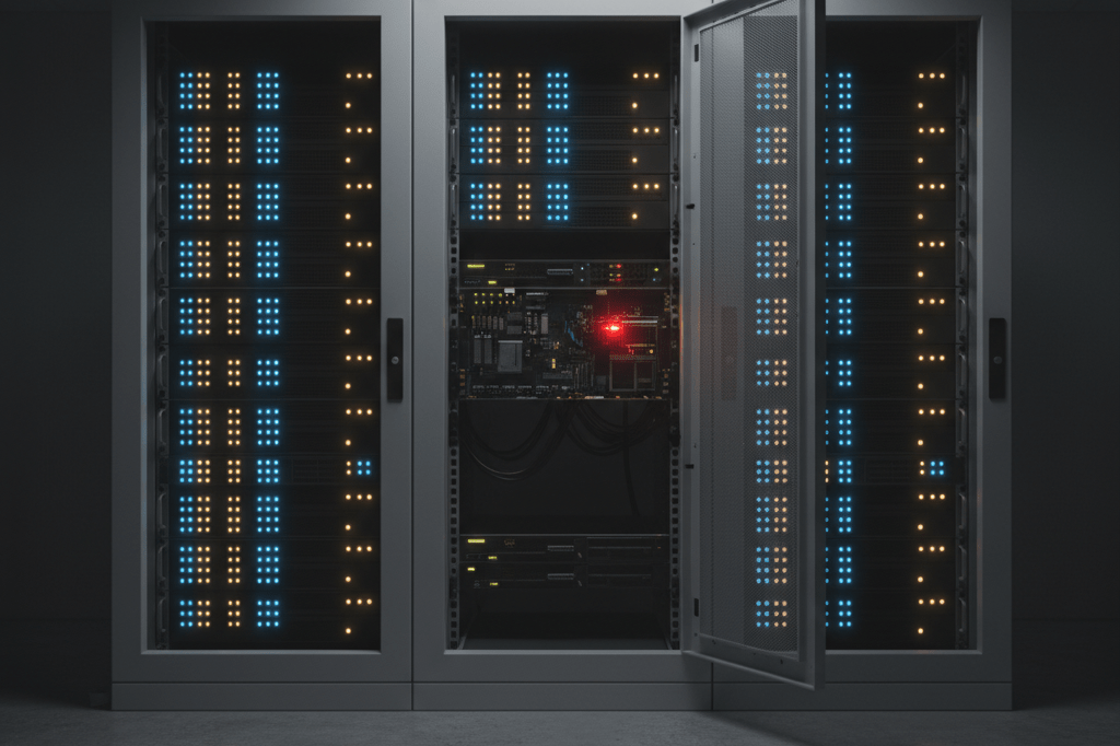 Medium shot of a server rack in a data center with an open panel and blinking red warning light, symbolizing digital marketplace security failure